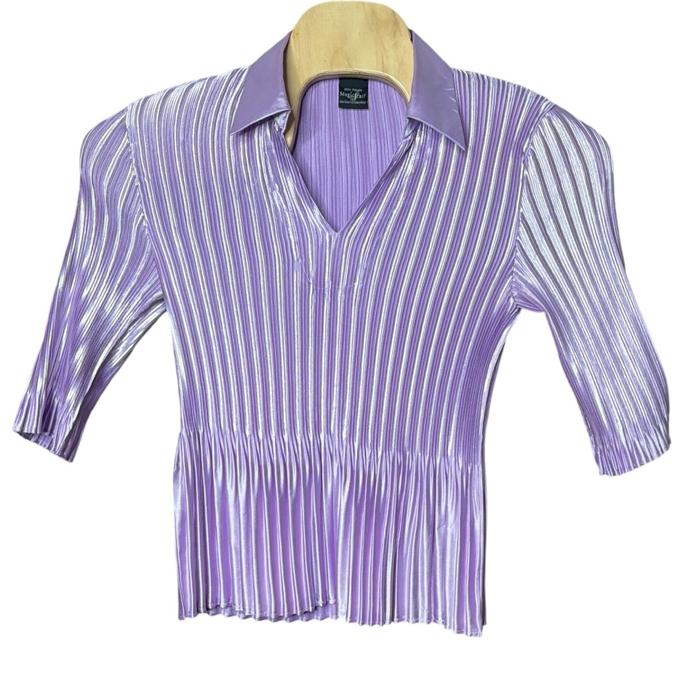 Magic Scarf Top Womens OS Mini Pleats Lavender Purple Accordion Stretch V-Neck